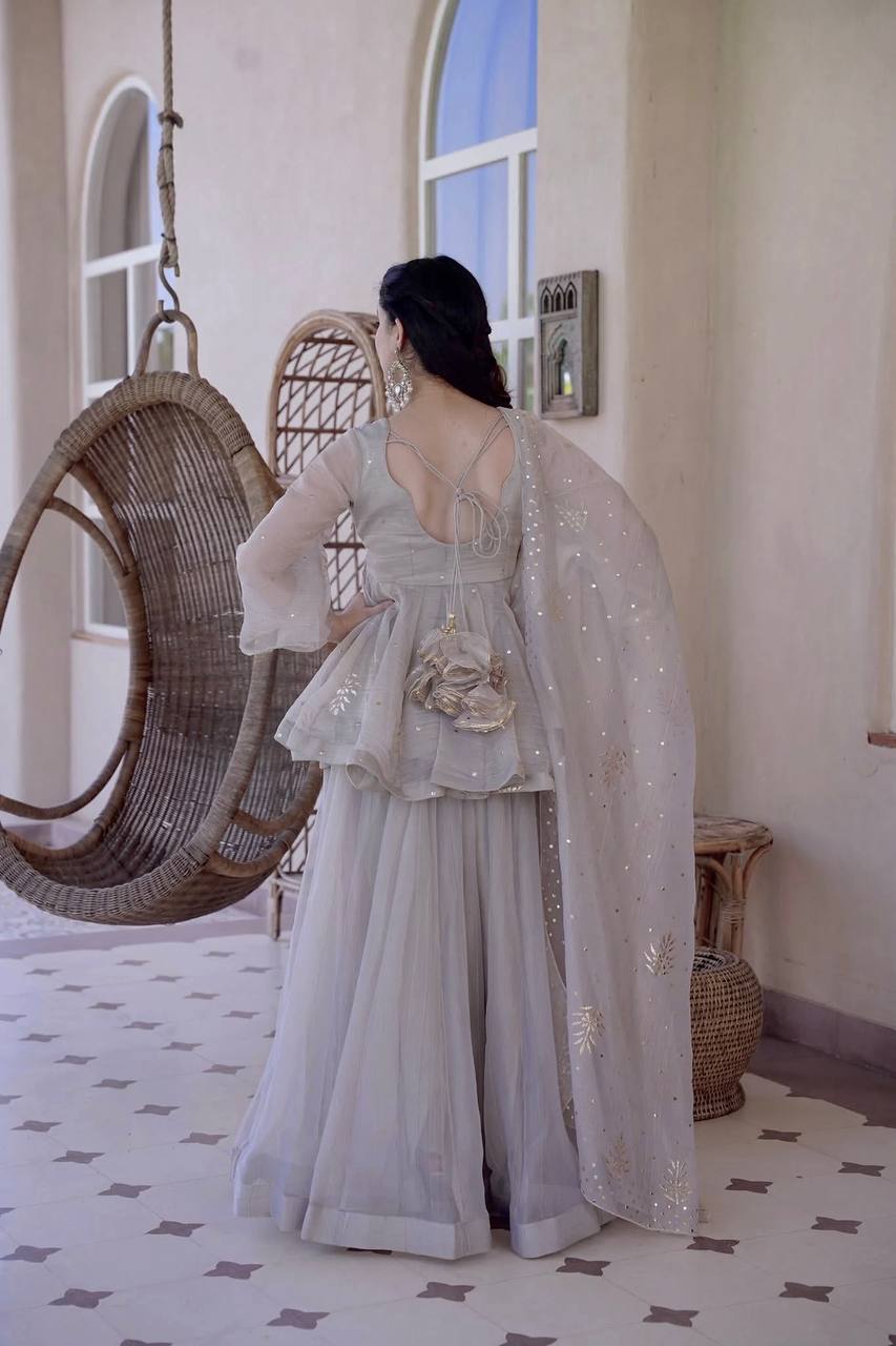 Wedding Wear Grey Color Tabby Silk Foil Work Palazzo Suit