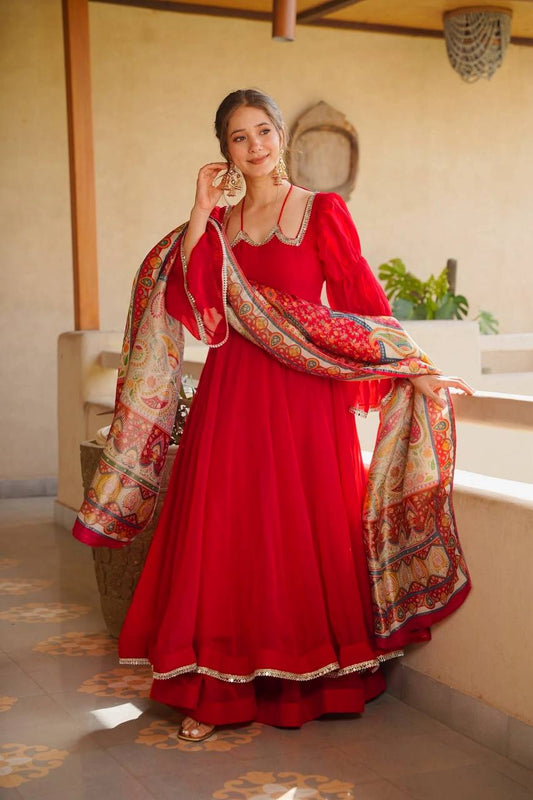Raksha Bandhan Wear Red Color Tabby Silk Anarkali Suit