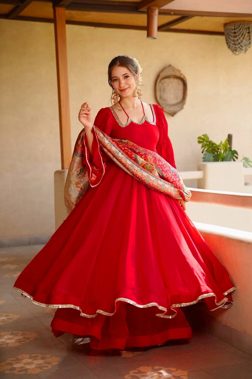 Raksha Bandhan Wear Red Color Tabby Silk Anarkali Suit