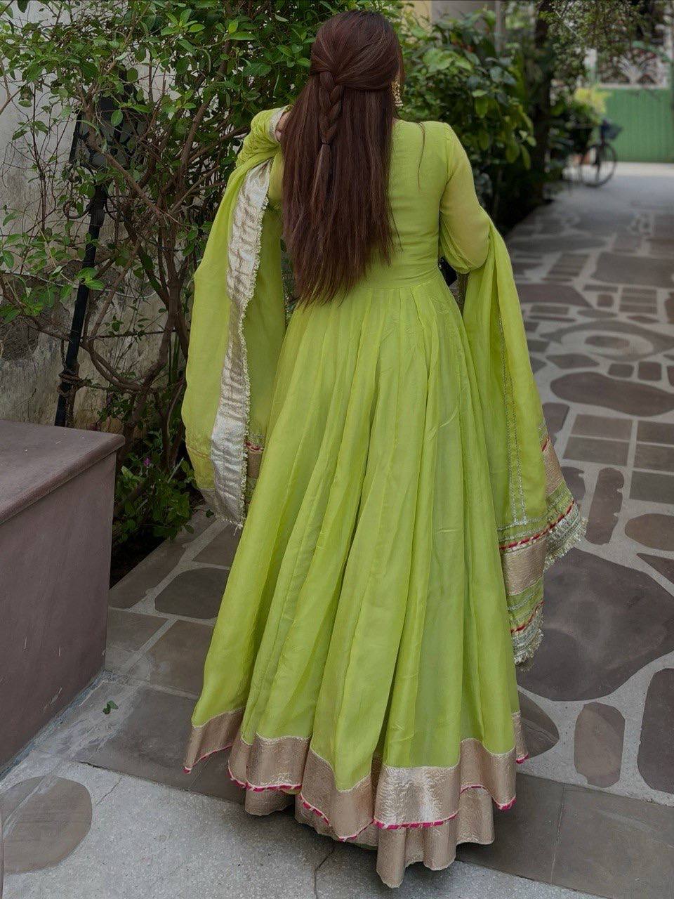 Neha's Wear Parrot Green Color Organza Silk Mirror Hand Work Anarkali Lehenga