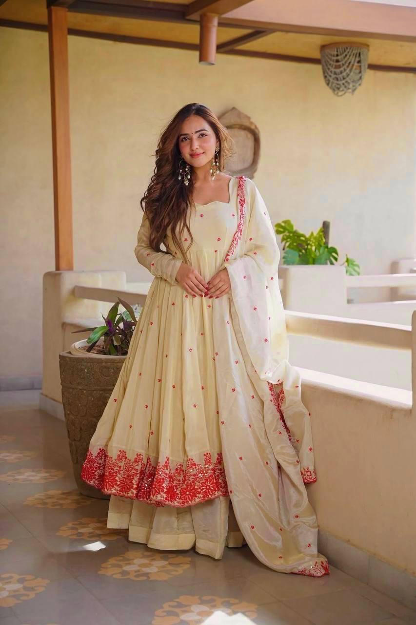 Party Wear Cosmos Silk Thread Embroidery Work Anarkali Sharara Suit