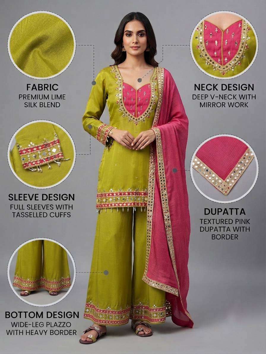 Reception Wear Green Color Real Mirror Work Palazzo Suit