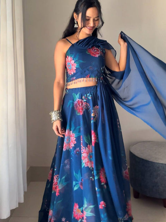 Party Wear Blue color Georgette Floral Printed Designer Lehenga Choli