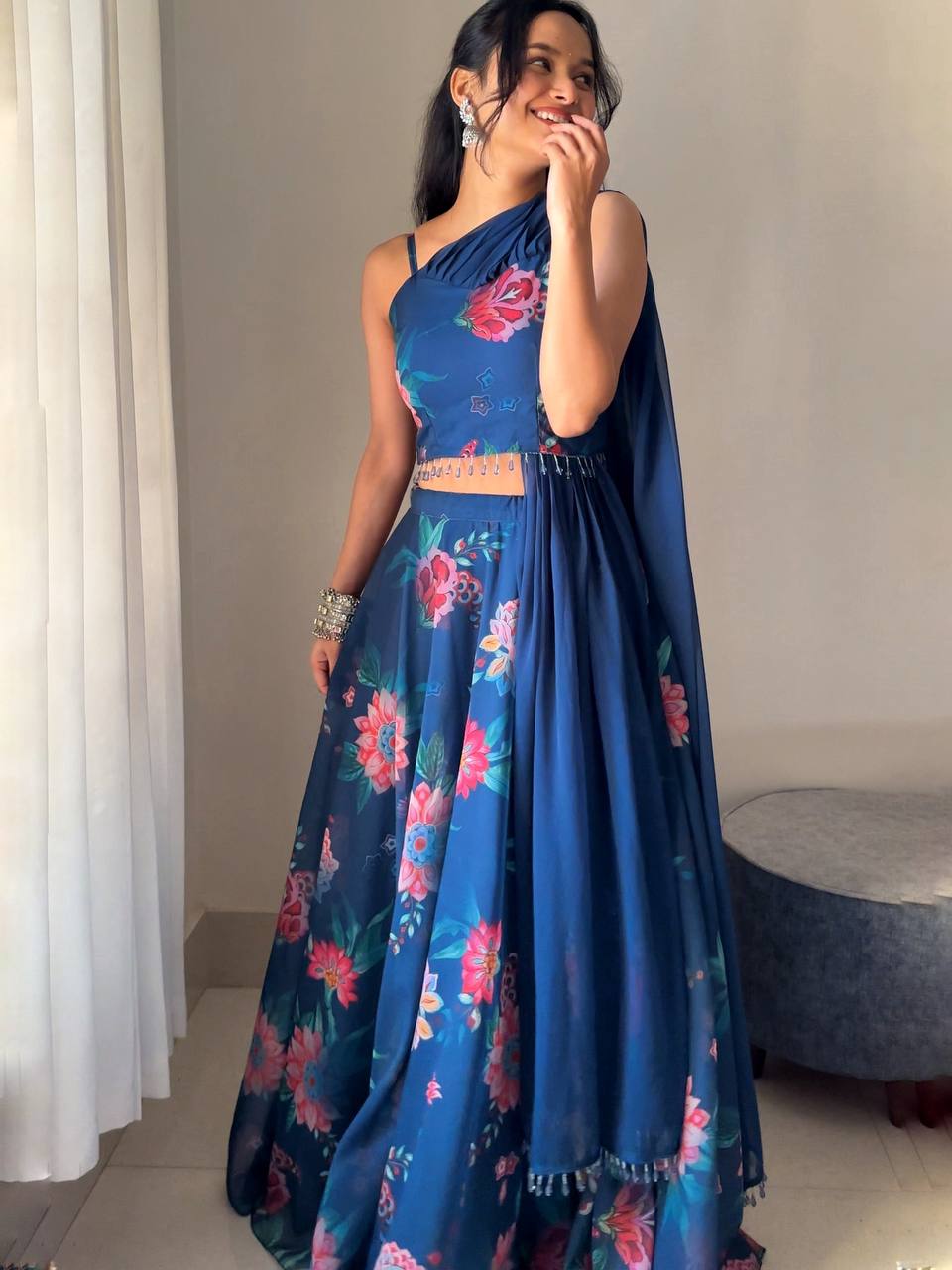 Party Wear Blue color Georgette Floral Printed Designer Lehenga Choli