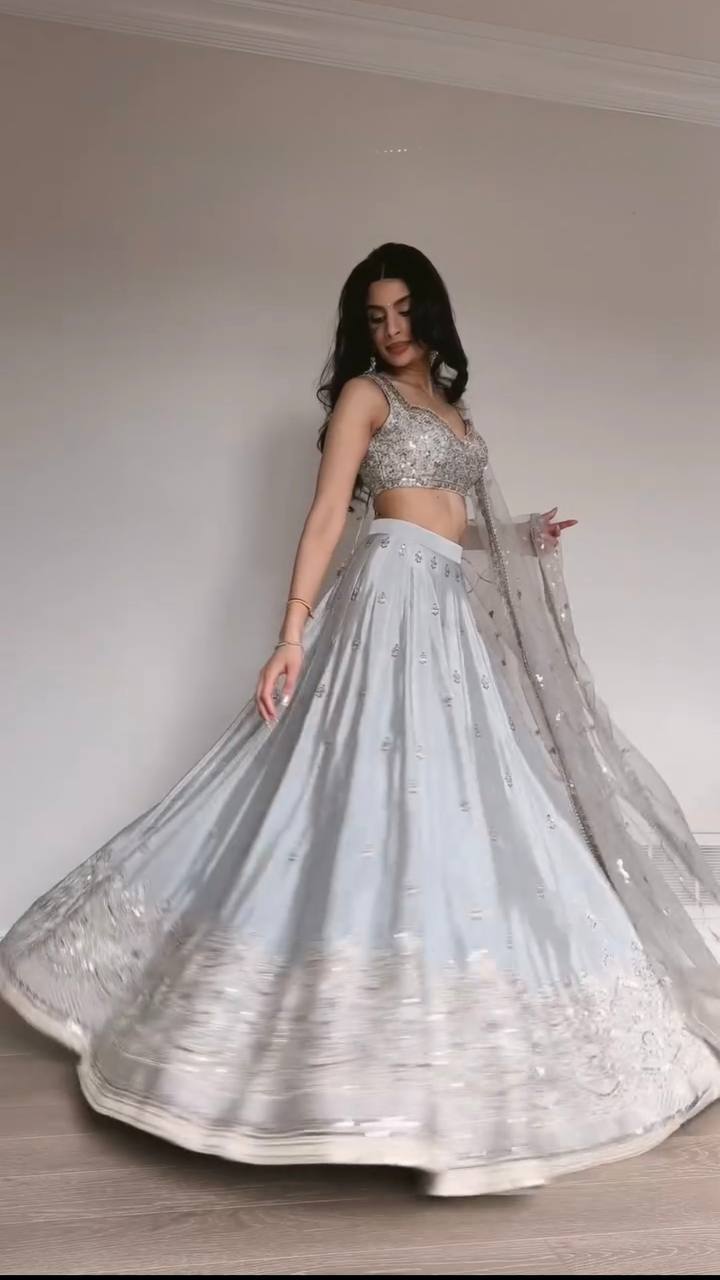 Party Wear Grey Color Japan Satin Lehenga Set