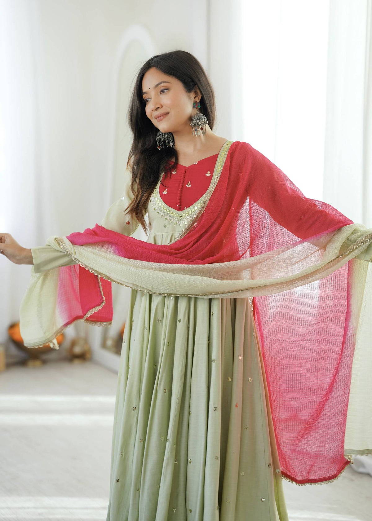 Light Green Embroidery With Real Mirror Work Arti Chauan Anarkali Suit