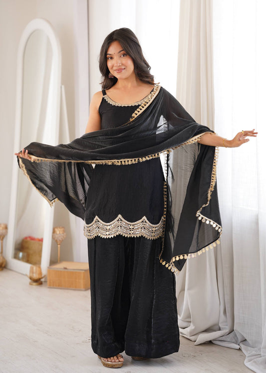 Designer Black Color Silk Mirror Work Arti Chauhan Palazzo Suit