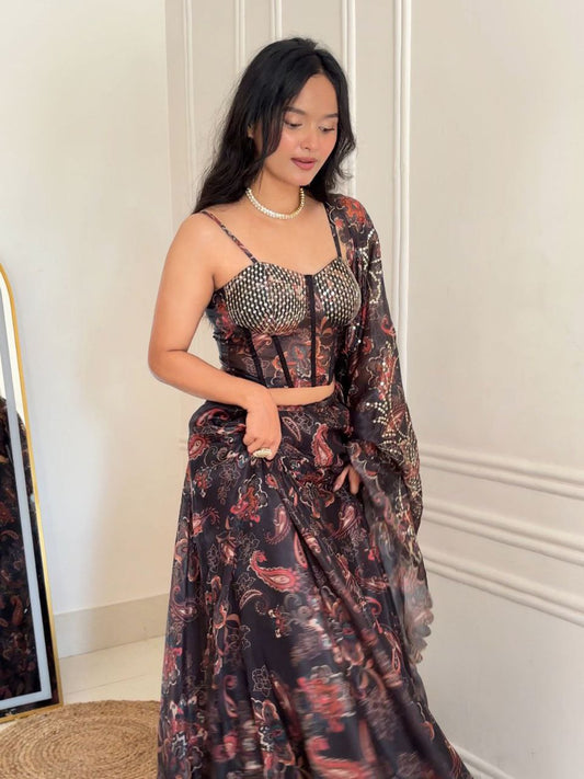 Black Color Organza Fully Stitched Lehenga Set With Corset Blouse