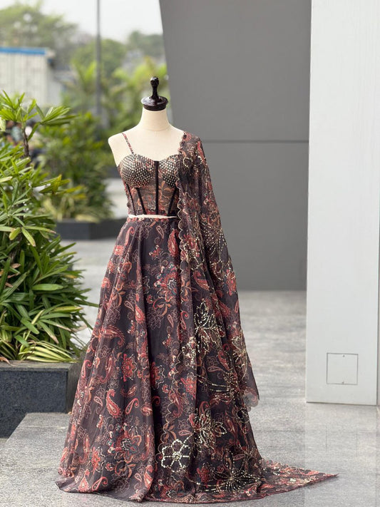 Wedding Wear Black Color Fully Stitched Lehenga Set With Corset Blouse