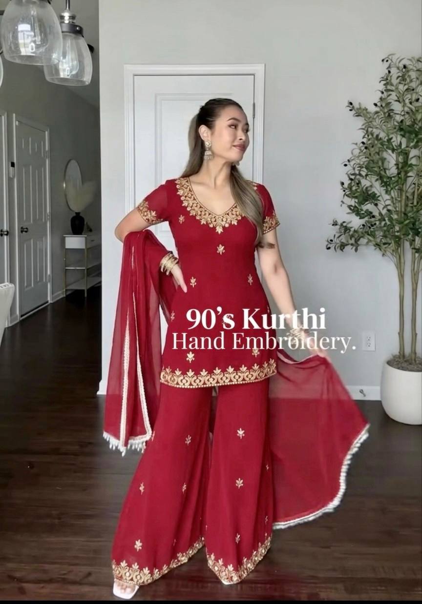 Designer Maroon Georgette Embroidery Sequence Sharara Suit