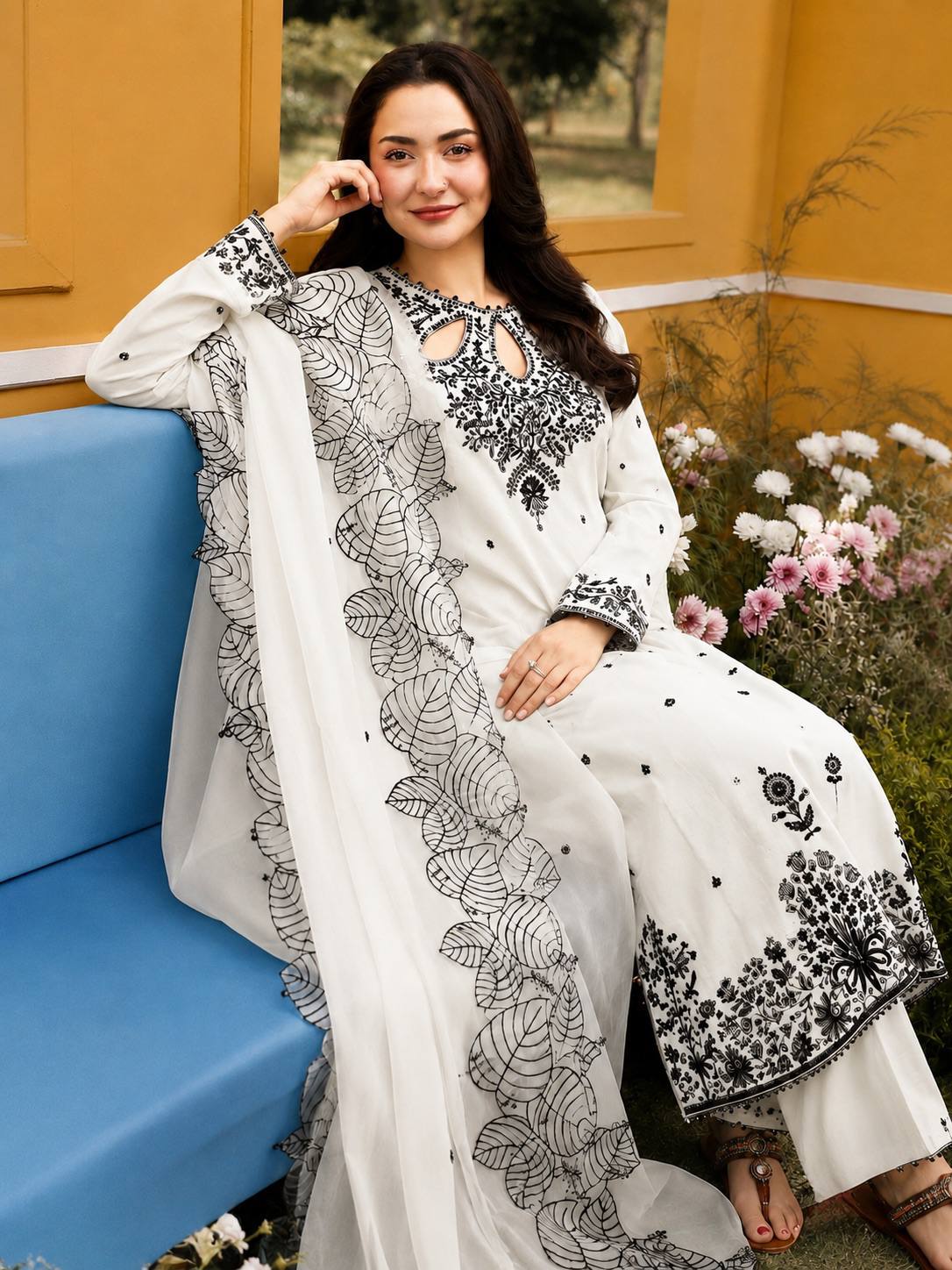 Stylish White Color Embroidered Work Palazzo Suit
