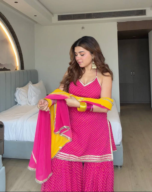 Neha's Pink Color Georgette Digital Print Real Mirror Work Sharara Suit