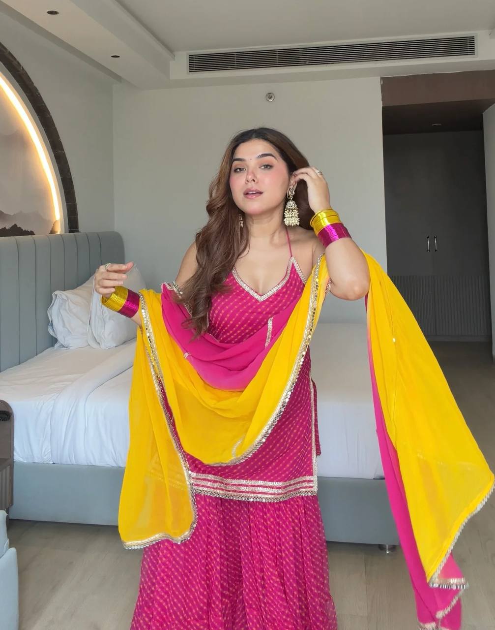 Neha's Pink Color Georgette Digital Print Real Mirror Work Sharara Suit