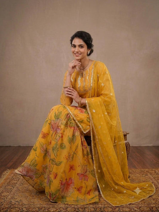 Haldi Special Wear Yellow Organza Embroidery Work Sharara Suit