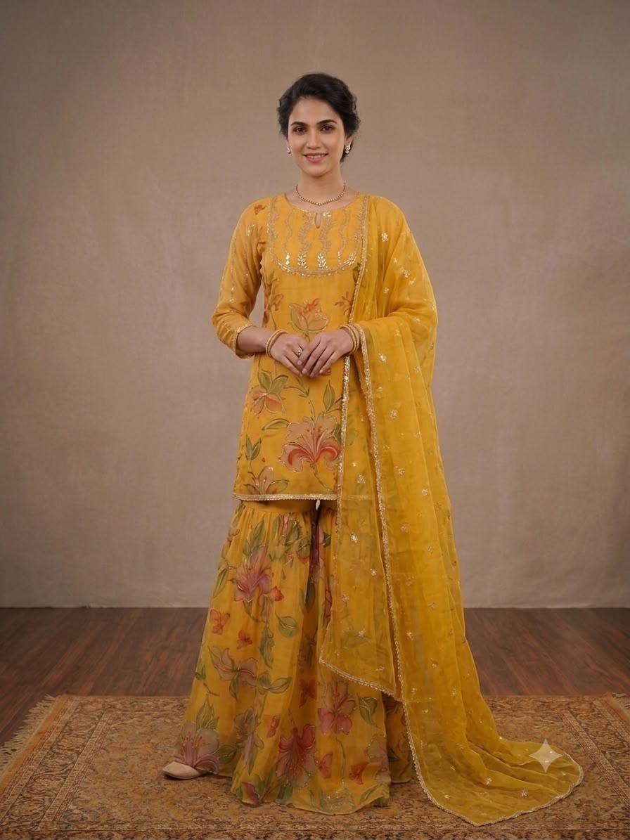 Haldi Special Wear Yellow Organza Embroidery Work Sharara Suit