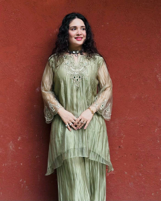 Designer Green Color Salsa Silk Embroidery Sharara Plazzo