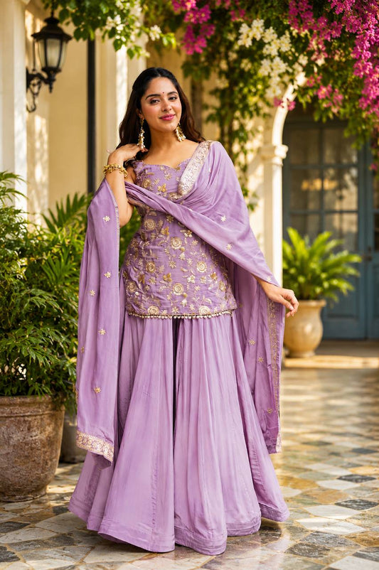 Wedding Wear Lavender Color Designer Sequins Zari And Thread Work Sharara Suit