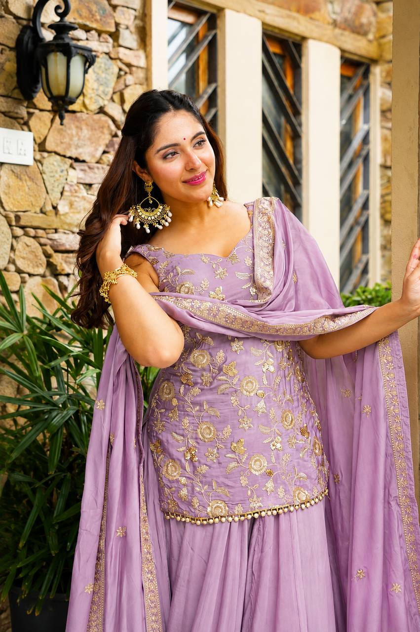 Wedding Wear Lavender Color Designer Sequins Zari And Thread Work Sharara Suit