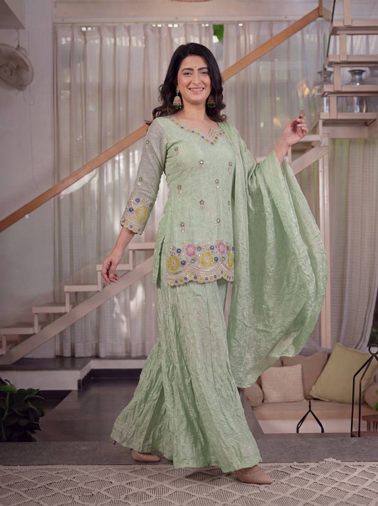 Party Wear Light Green Color Sequin Embroidered Sharara Palazzo Set