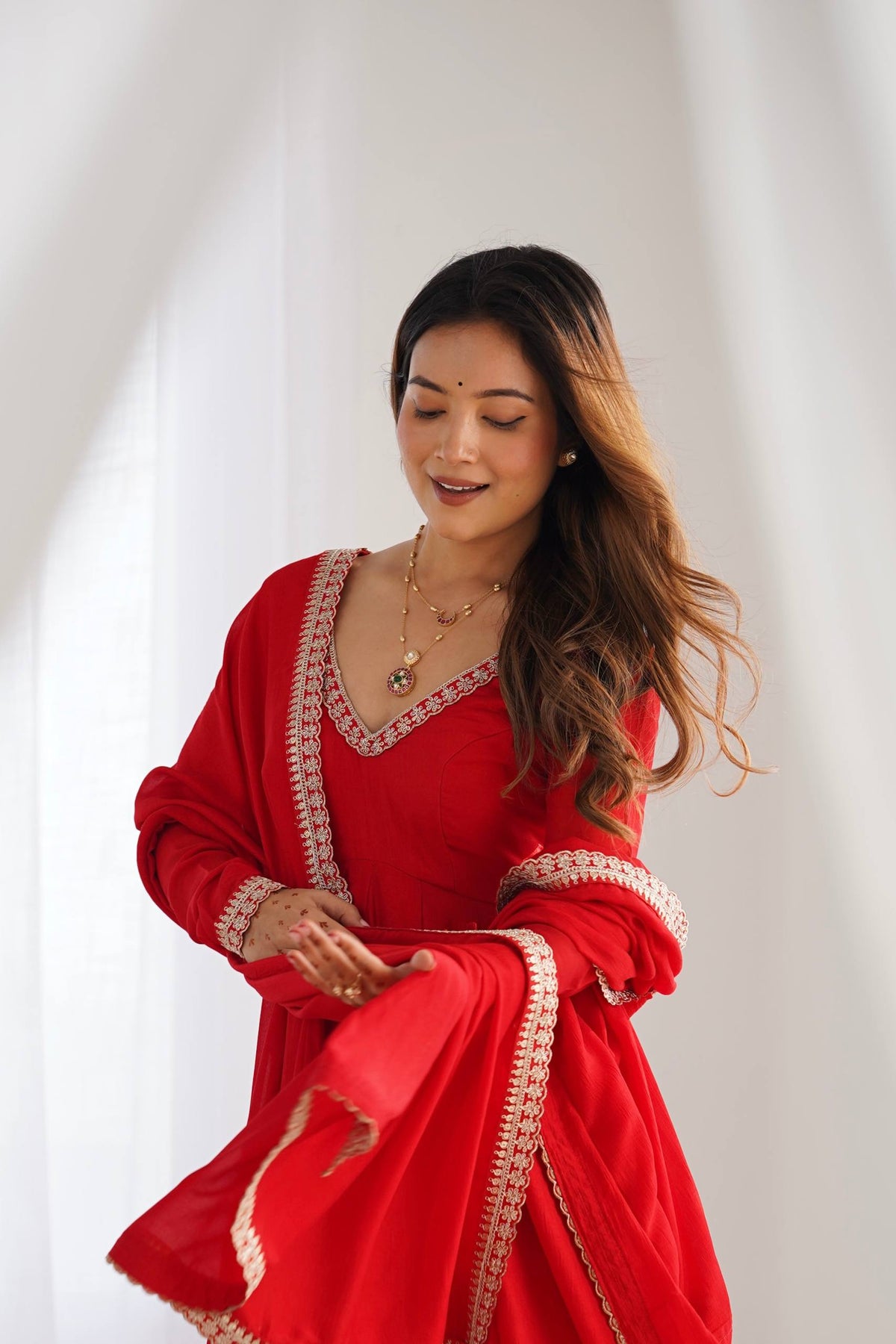 Designer Red Color Vichitra Silk Arti Chauhan Wear Anarkali Gown