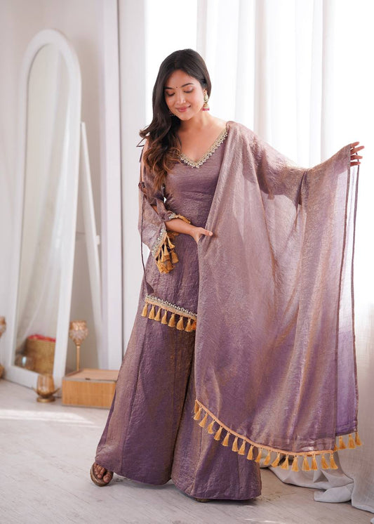 Arti Chauhan Wear Purple Color Mirror Work Wedding Palazzo Suit