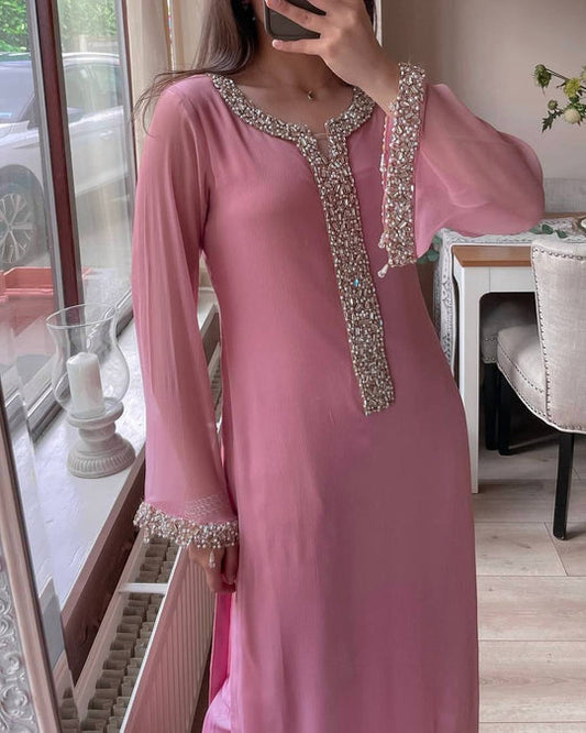 Elegant Fox Georgette Straight Suit Set with Real Moti Handwork Dupatta | Indian Party Wear Dress