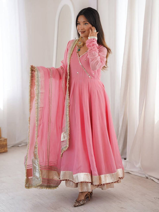 Neha's Wear Pink Color Organza Silk Mirror Hand Work Anarkali Lehenga
