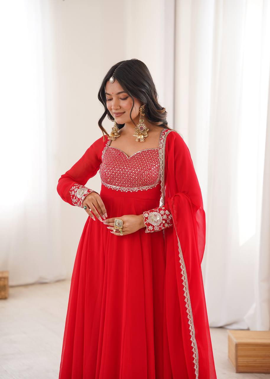 Designer Heavy Faux Georgette Arti Chauhan Wear Red Anarkali Suit