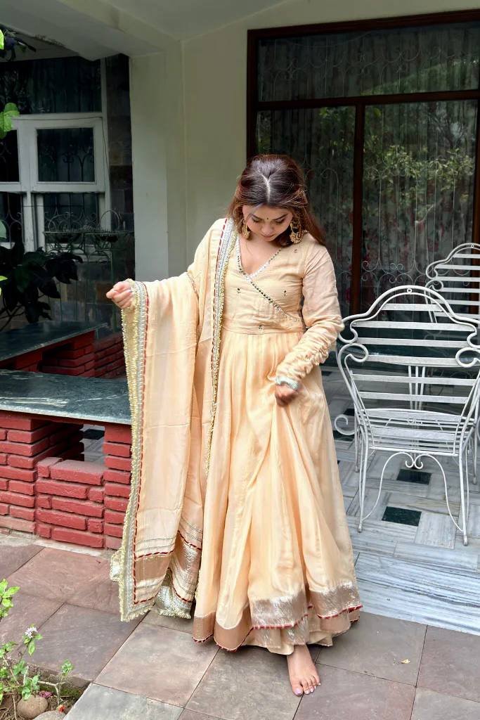 Neha's Wear Cream Color Organza Silk Mirror Hand Work Anarkali Lehenga