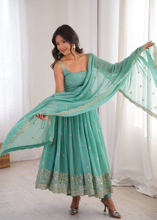 Designer Heavy Faux Georgette Aqua Green Color Anarkali Suit