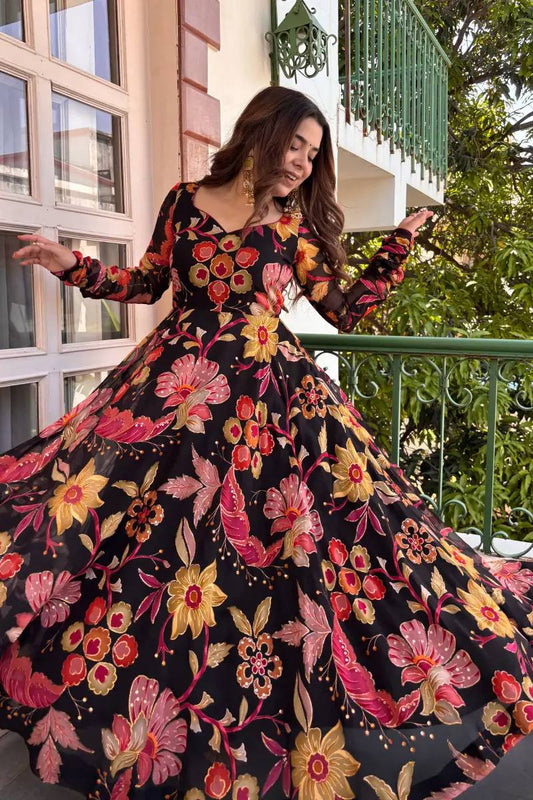 Designer Black Color Tabby Organza Digital Print Anarkali Suit