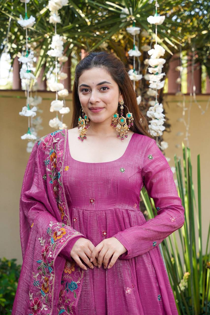 Festive Designer Wear Rose Pink Anarkali Sharara Set | Festive Wear for Women | Anarkali Suit For Women