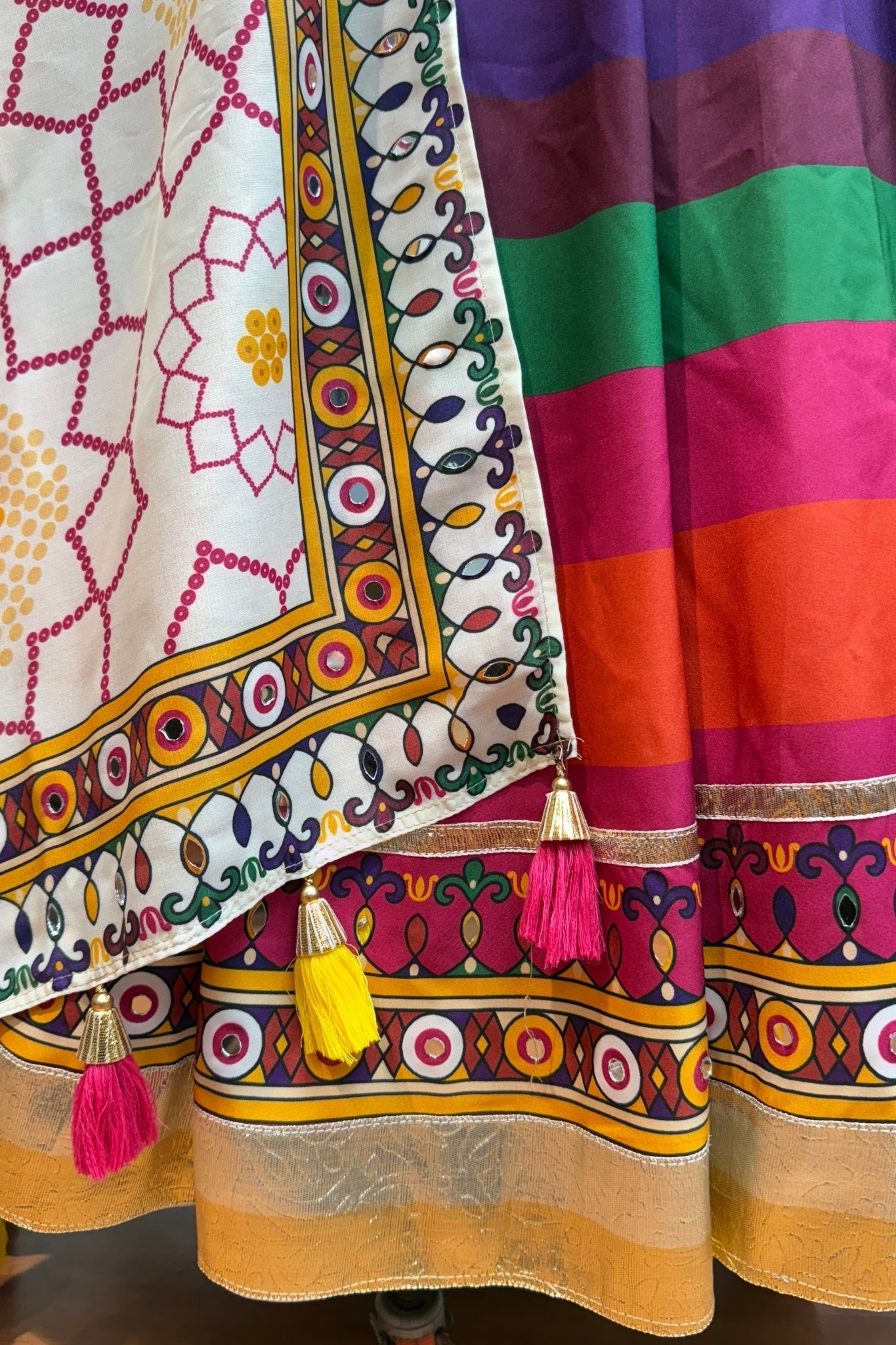 Multi Color Muslin Designer Stunning Print With Mirror Work Navratri Lehenga Choli - ETHNICDEAL