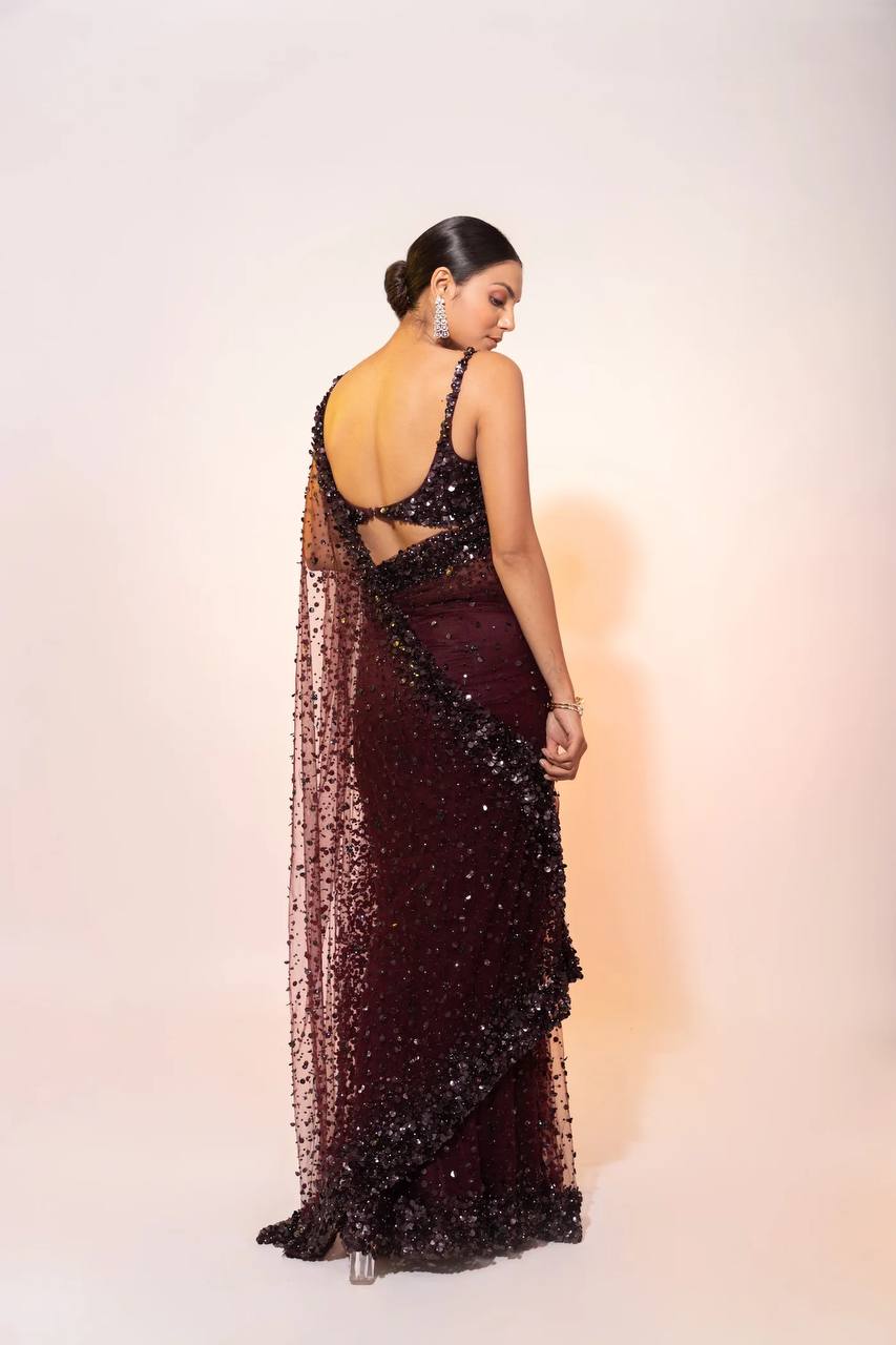 Dark Brown Glamorous Net Saree | Engagement & Party Wear