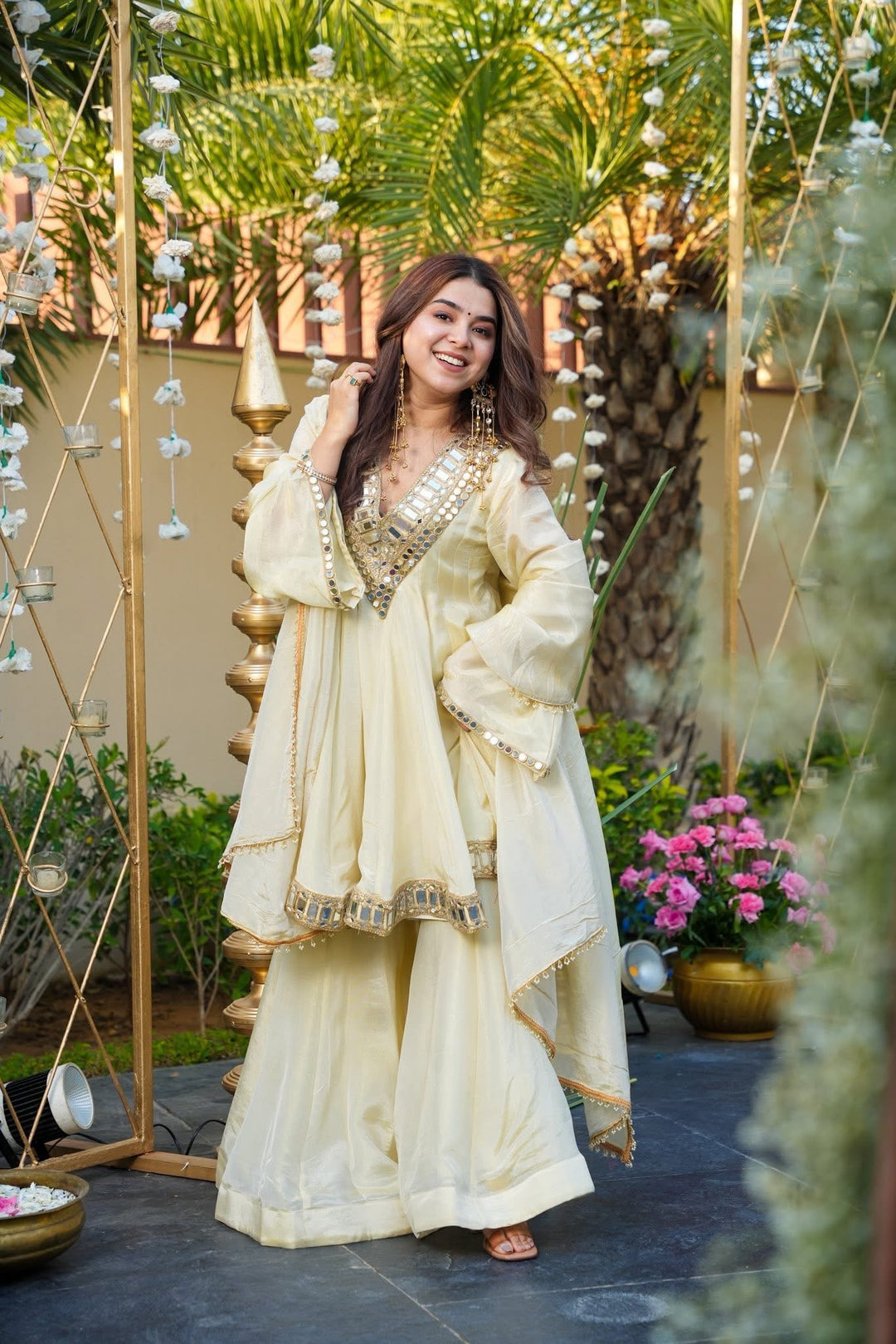 White Ivory Color Heavy Mirror Embellished Anarkali With Sharara & Dupatta | White Anarkali Suit For Women