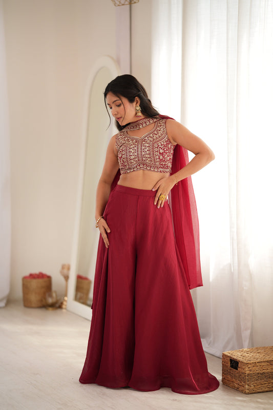 Arti Chauhan Maroon Color Designer Crop Top Palazzo Suit