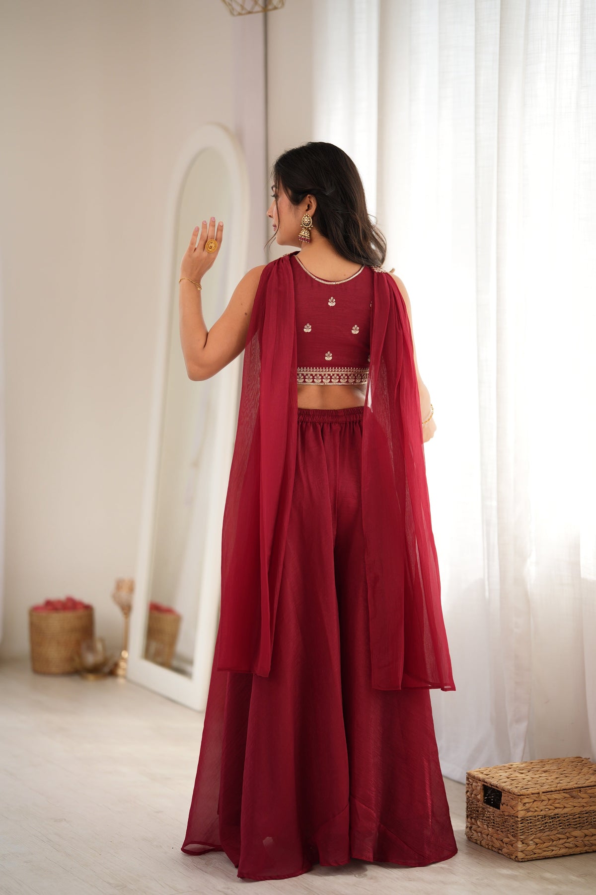 Arti Chauhan Maroon Color Designer Crop Top Palazzo Suit