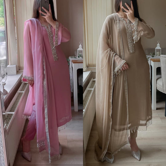 Elegant Fox Georgette Straight Suit Set with Real Moti Handwork Dupatta | Indian Party Wear Dress