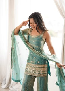 Woman in a stylish suit smiles for a portrait | Sharara Set For Women