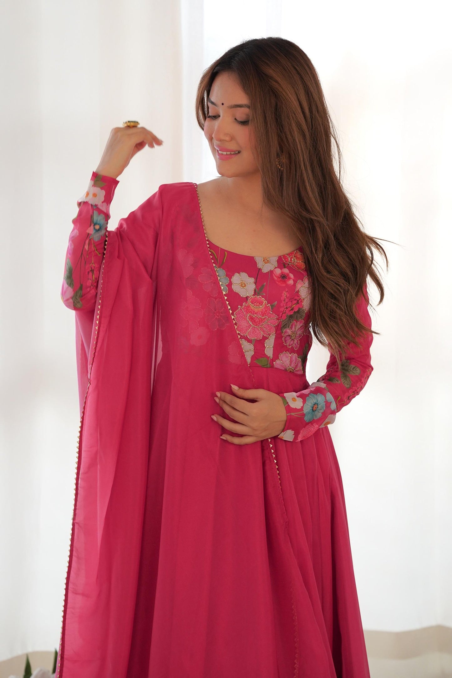 Beet Red Flower Print Organza Silk Anarkali Suit Set