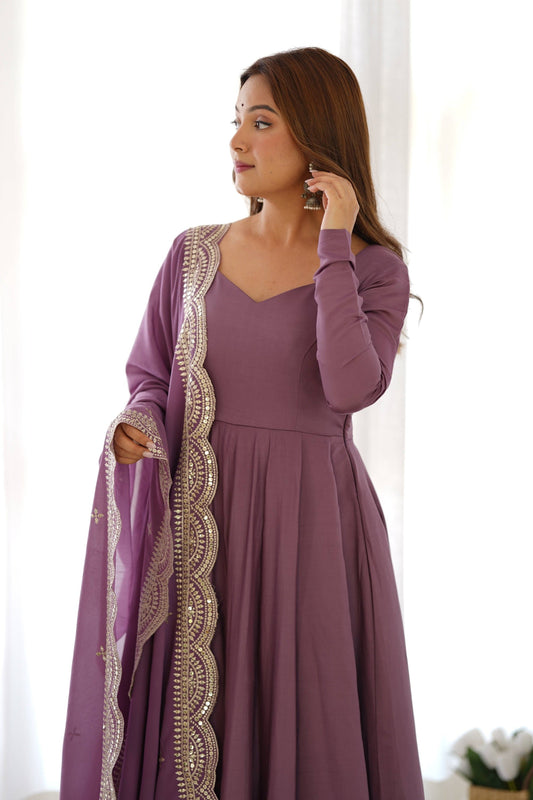 Mauve Pure Romansilk Chanderi Anarkali Suit with Embroidered Dupatta