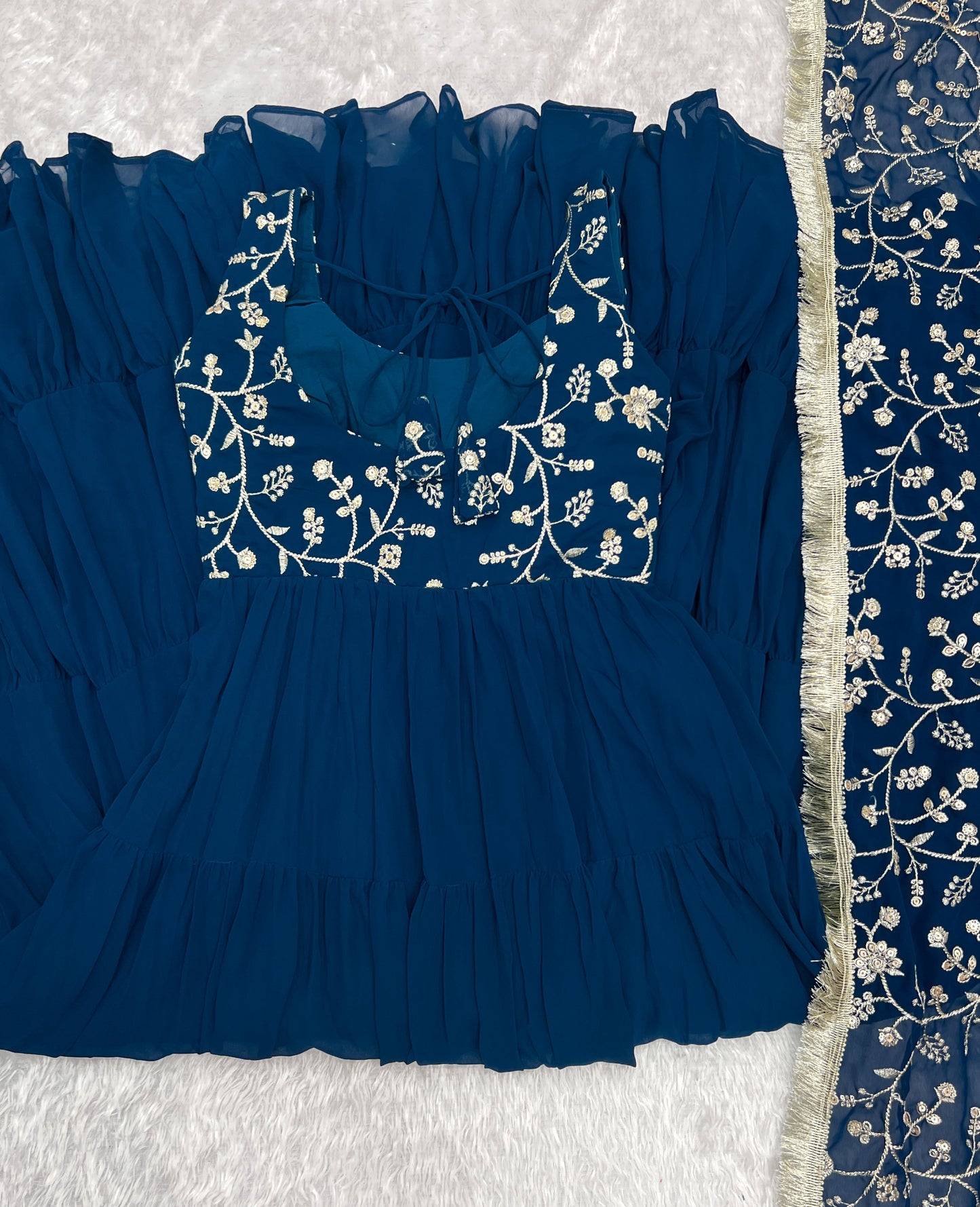 Regal Elegance in Every Twirl β Premium Teal Blue Anarkali Set - INDIAN ELEGANCE