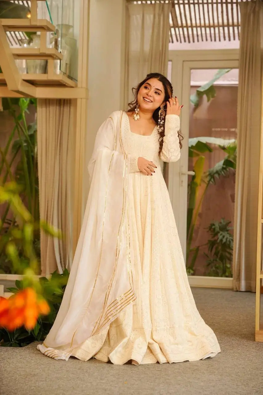 Off White Wedding Wear Georgette Anarkali Suit For Women | White Anarkali Suit For Women