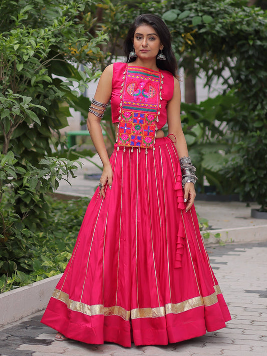 Gorgeous Pink Silk Kutchi Gamthi Work Navratri Wear Crop Top Lehenga