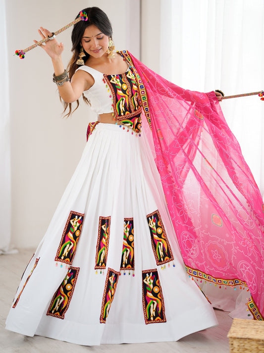 Magnetic White Gamthi Work Rayon Navratri Lehenga Choli With Dupatta