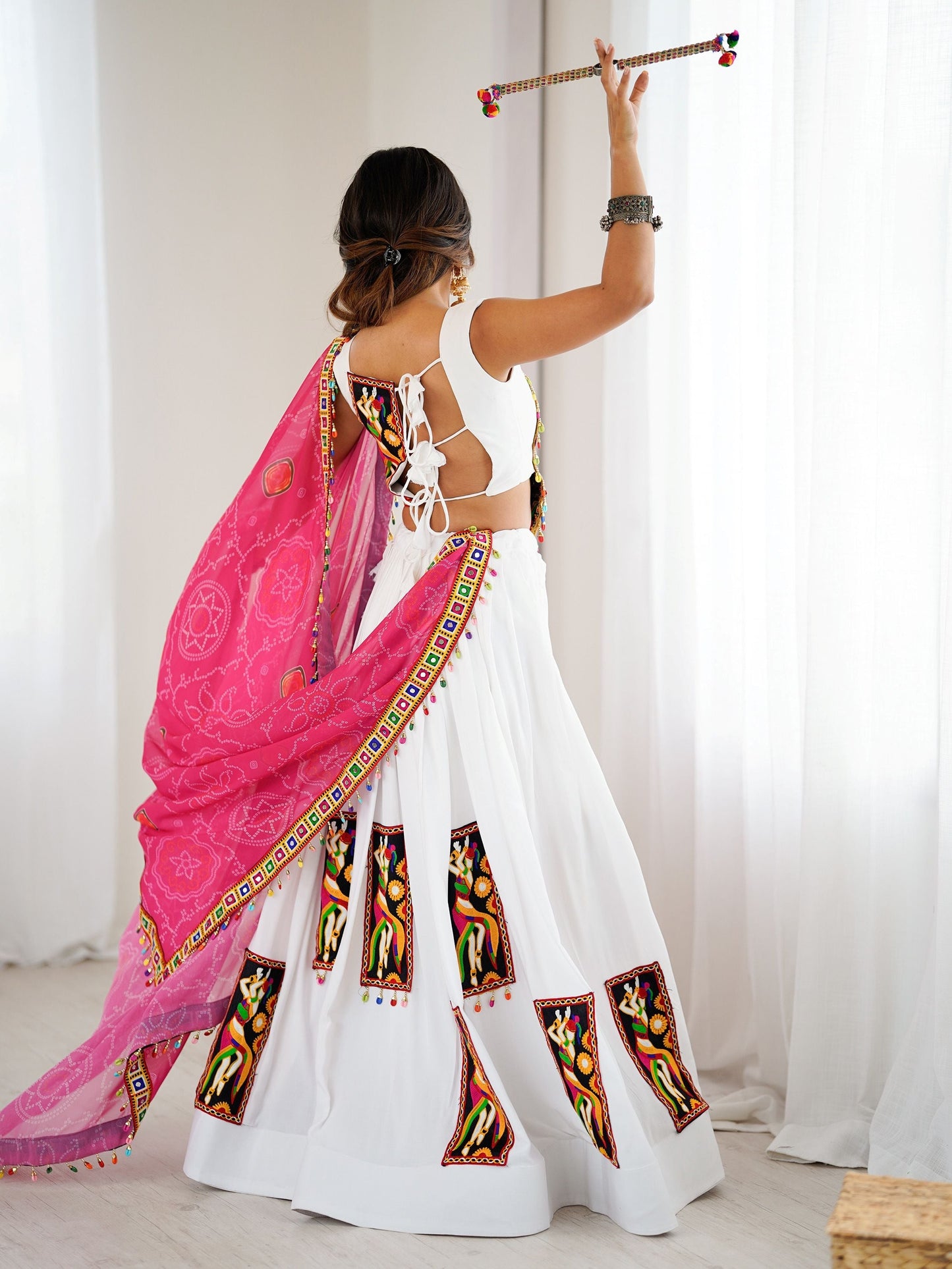 Magnetic White Gamthi Work Rayon Navratri Lehenga Choli With Dupatta