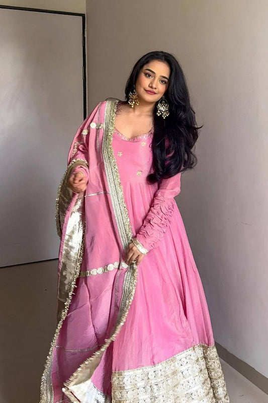 Pink Elegant Chinon Embroidered Suit Set