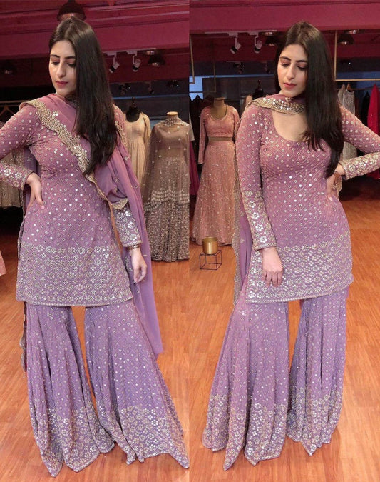 Lilac Georgette Top Sharara Suit With 9-mm Sequins & Zari Work