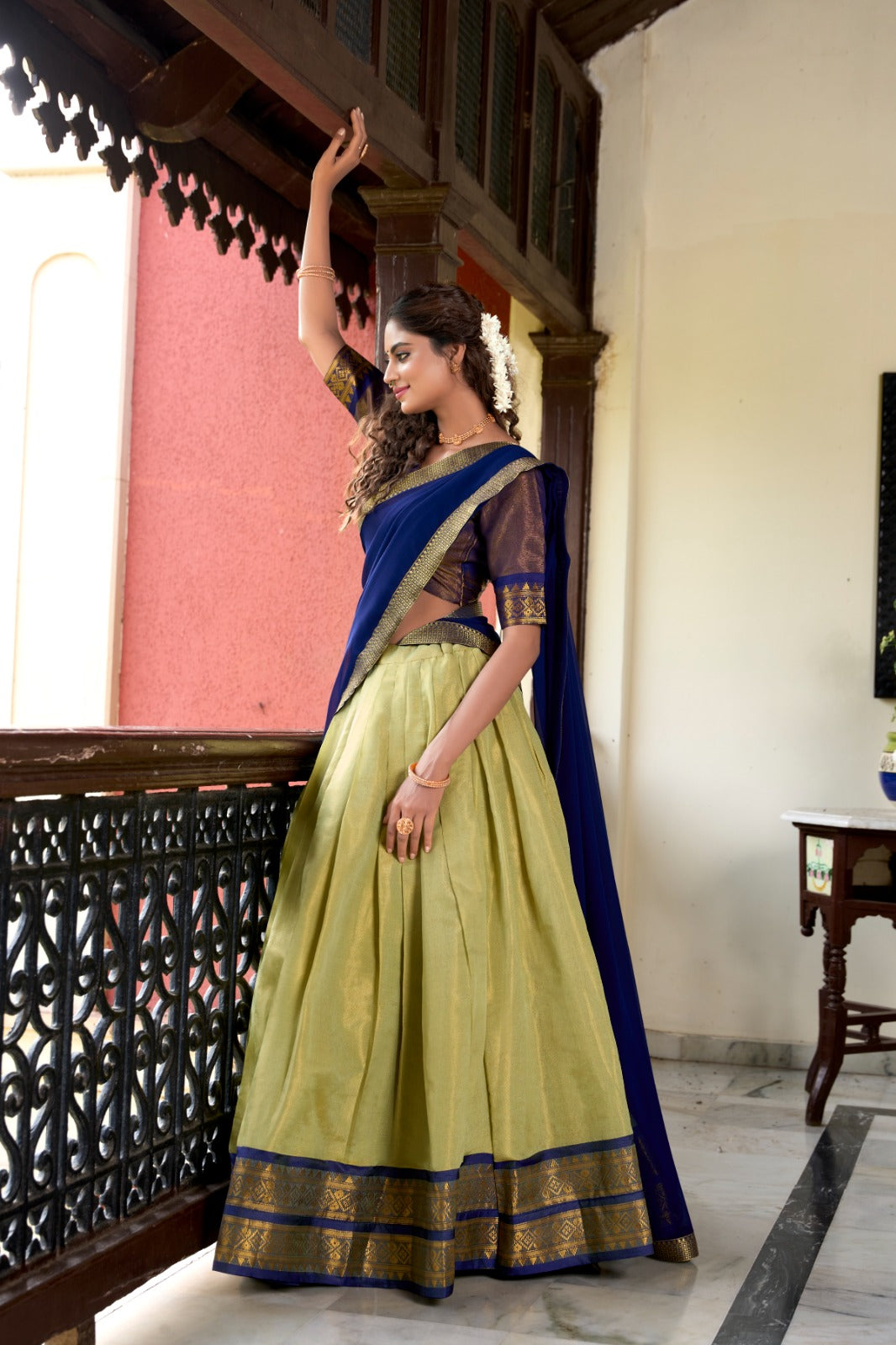 South Indian Wear Parrot Green Color Kanchipuram Zari Weaving Work Designer Lehenga Choli