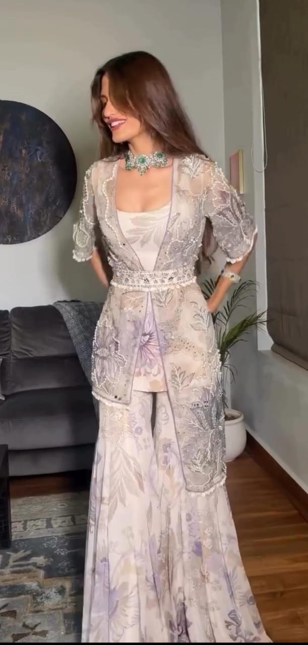 Wedding Wear Jacket Style Indo Western Sharara Set For Women